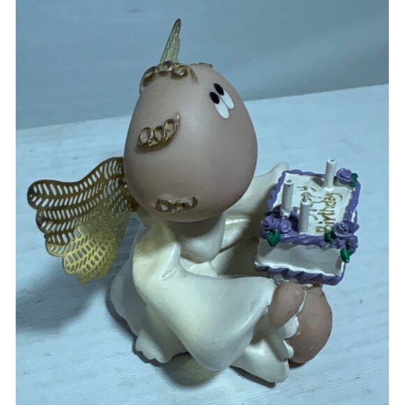 Kirk Angel Figurine Gold Wings Happy Birthday Cake Purple White Accents 2001 - Picture 3 of 8
